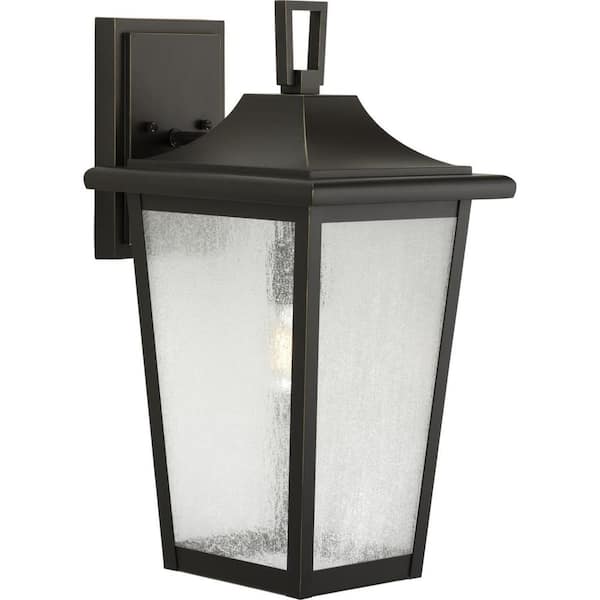 Padgett 1-Light Antique Bronze Hardwired Outdoor Wall Lantern Sconce with Clear Seeded Glass Shade Coastal