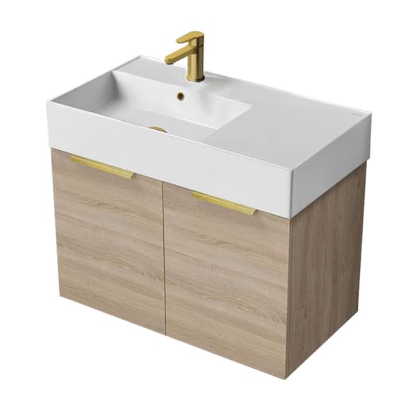 Nameeks Derin 31.9 in. W x 17.3 in. D x 25.2 in. H Modern Bathroom Vanity in Brown Oak With White Ceramic Top