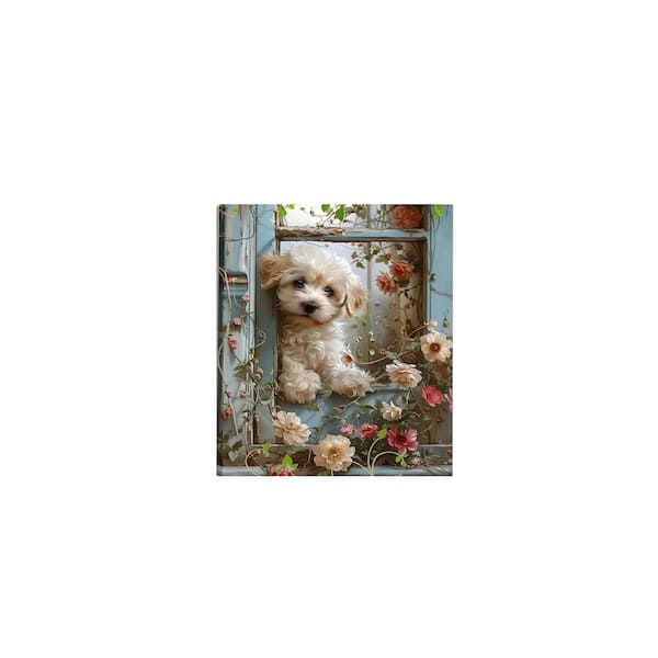 Poodle Canvas Wall Art, Funny Teddy Dog Poster Print, Abstract Dog Standing Among Flowers Painting Wall Decor 16x24in