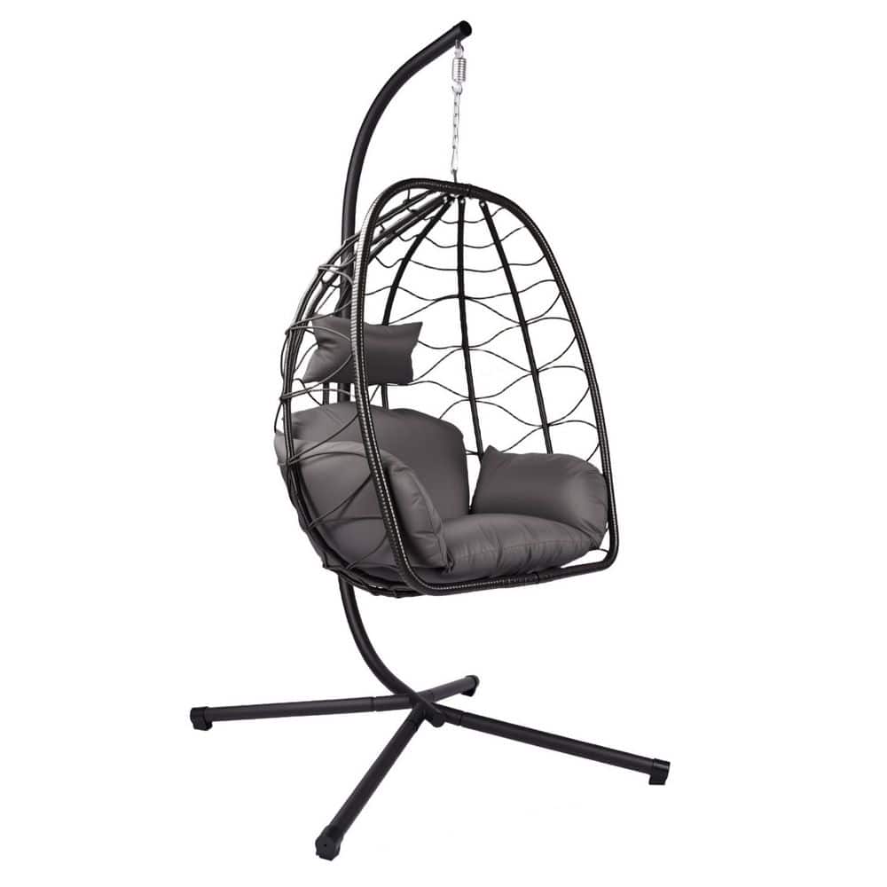 1-Person Wicker Patio Swing with Gray Cushions, Indoor Outdoor Egg Chair Swing Chair Lounge Chair with Stand