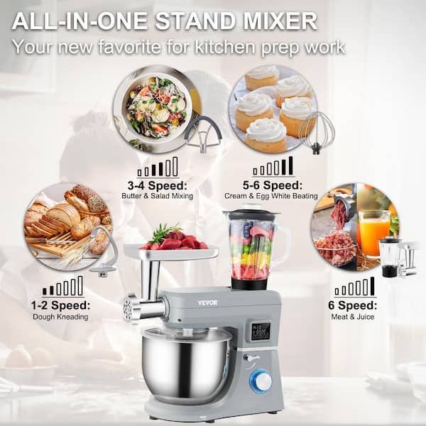 VEVOR 5 in 1 Stand Mixer, 660W Tilt-Head Multifunctional Electric Mixer with 6 Speeds LCD Screen Timing, 7.4 qt Stainless Bowl