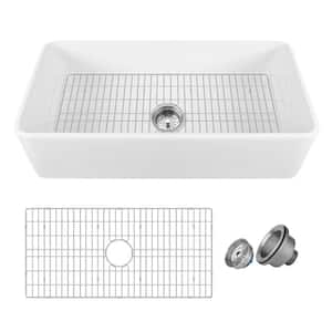 Grove White Fireclay 36 in. L x 18 in. W Rectangular Single Bowl Farmhouse Apron Kitchen Sink with Grid and Strainer