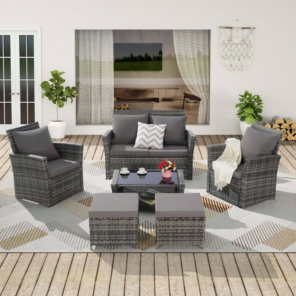 Tenleaf 6-Piece Wicker Patio Conversation Set with Dark Gray Cushions ...