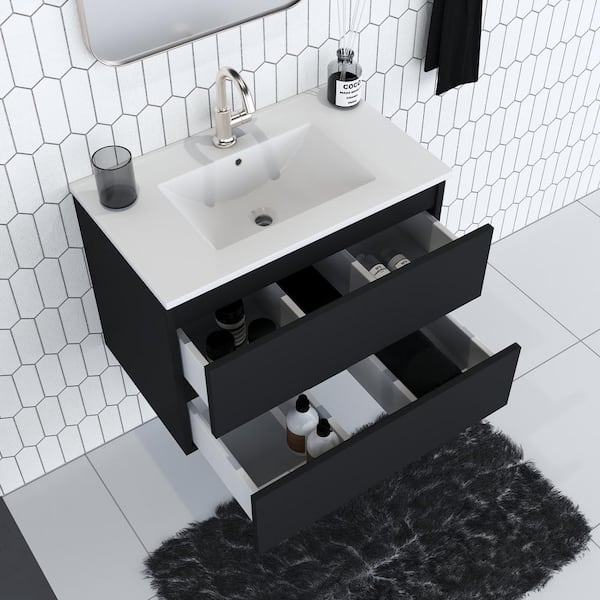 Salt 30 in. W x 18 in. D Bath Vanity in Glossy Black with Ceramic Vanity Top in White with White Basin