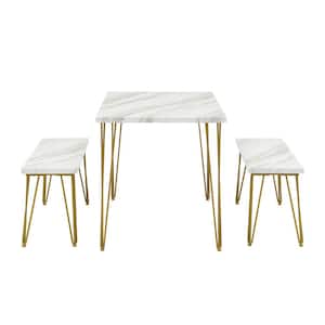 3-Piece Wood Top Gold Dining Table Set with 2-Benches with Iron