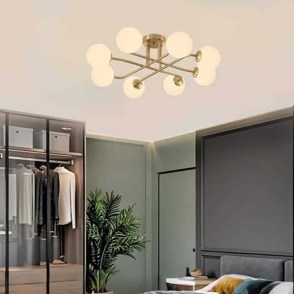Mid-Century 27.2 in. 8-Light Gold Sputnik Semi-Flush Mount Ceiling Light Fixture with Globe Frosted Glass Shade