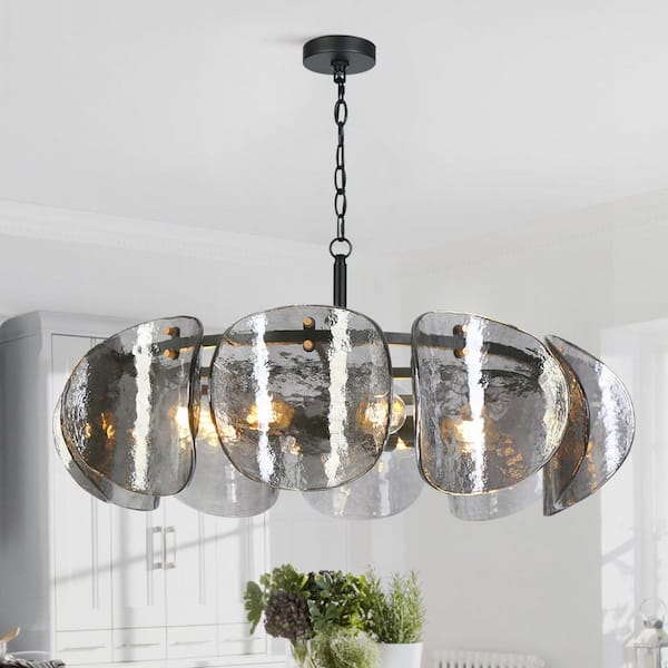 Modern 8-Light Black Drum Chandelier Dining Room Kitchen Hanging Light with Gold Accents and Smoky Gray Glass Discs