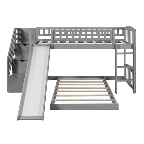 Qualler Gray Stairway Twin Over Twin Bunk Bed with 2-Drawers and Slide ...