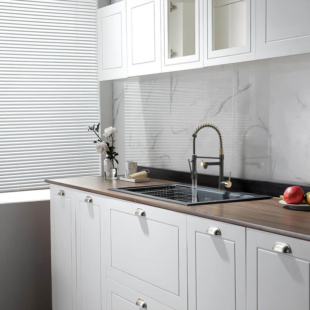 Matte Black and Gold Double Handle Pull Down Kitchen Faucet