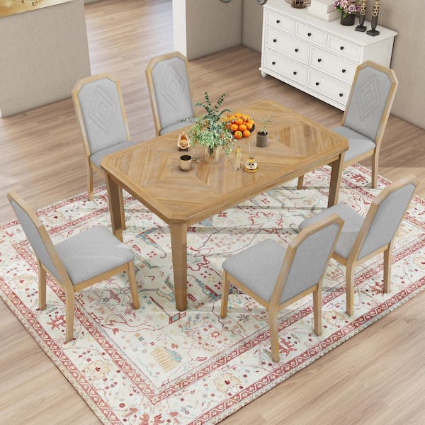 Harper & Bright Designs Classic Rustic 7-Piece Natural Wood Wash and Gray Rectangle MDF Top Dining Set Seats 6 with 6 High-back Design Chairs