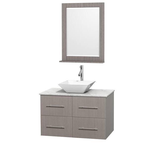 Wyndham Collection Centra 36 in. Vanity in Gray Oak with Marble Vanity Top in Carrara White, Porcelain Sink and 24 in. Mirror
