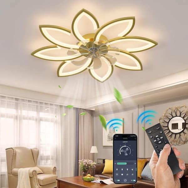 36.22 in. Indoor Gold Low Profile Modern Flower Ceiling Fan with Dimmable Integrated LED and Remote Included for Bedroom