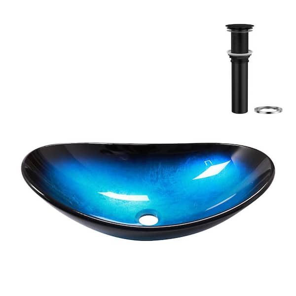 21-1/2 in. Ocean Blue Glass Oval Vessel Bathroom Sink with Black Pop-up Drain