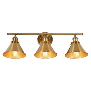 25.6 in. 3-Light Farmhouse Bathroom Vanity Light with Brass Finish and Metal Shade