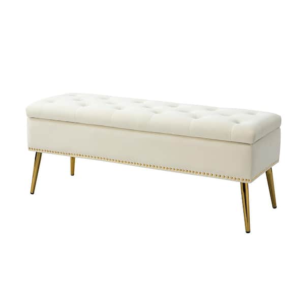 JAYDEN CREATION Hippolytus Classic Ivory 45.5 in. Polyester Button-Tufted Storage Bedroom Bench with Nailhead Trim