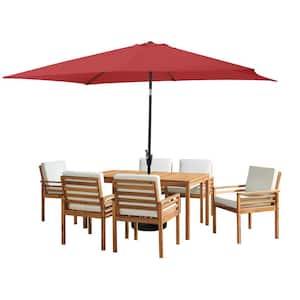8-Piece Set, Okemo Wood Outdoor Dining Table Set with 6 Cushioned Chairs, 10 ft. Rectangular Umbrella Red