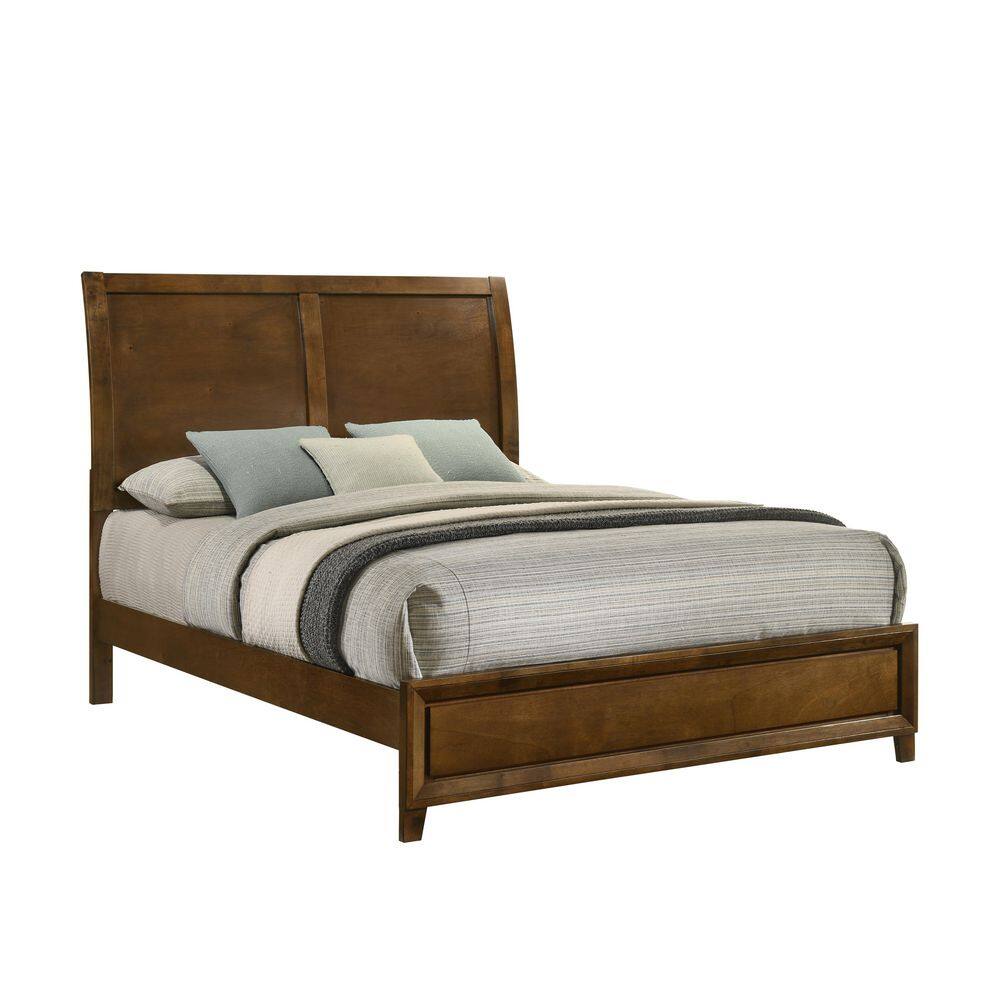 Ballard walnut brown wood queen bed with paneled headboard.