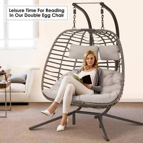 MOJIA Double Egg Chair With Stand, 2 Person Wicker Hanging Egg Chair Outdoor Indoor, 550lbs Capacity Loveseat Hammock Chair With Cushion Chair Cover For Patio, Garden, Backyard, Poolside, Bedroom