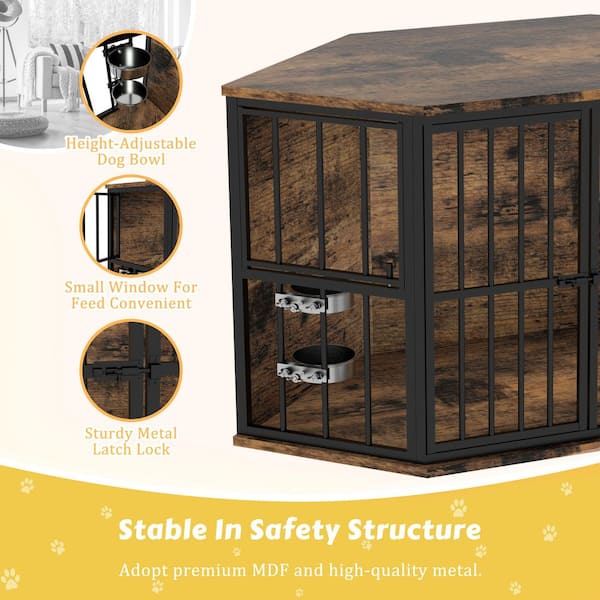 Dog Crate Furniture Corner Indoor Dog Kennel Pet House Dog Cage Storage Cabinet with 2-Stainless Bowls, Brown