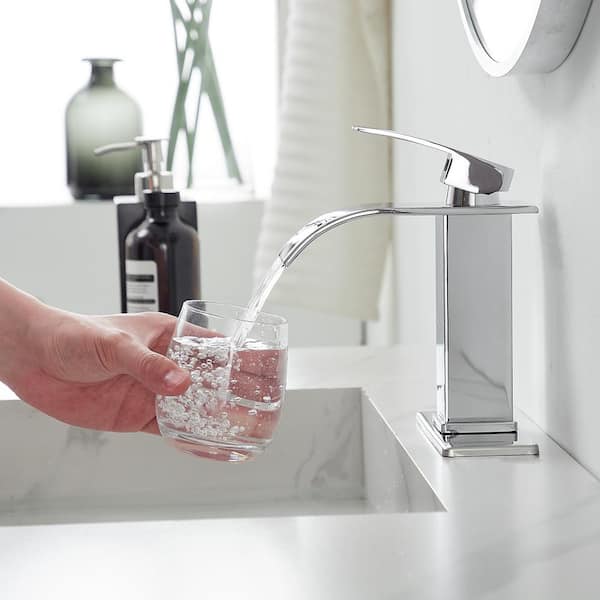 Waterfall Single Handle Single Hole Low-Arc Bathroom Faucet Bathroom Drip-Free Vanity Sink Faucet in Polished Chrome