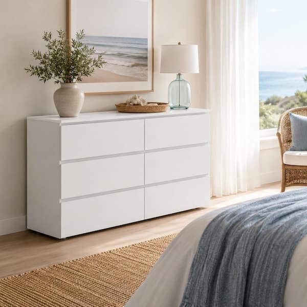 white dresser 6-drawer Coaster Kendall Smooth running drawers with TAYLOR Shorts to wear under Colour:Buttercream Yellow
