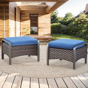 TwilightZone 2-Piece Wicker Outdoor Brown Ottoman Steel Frame Patio Footstools with Blue Cushion