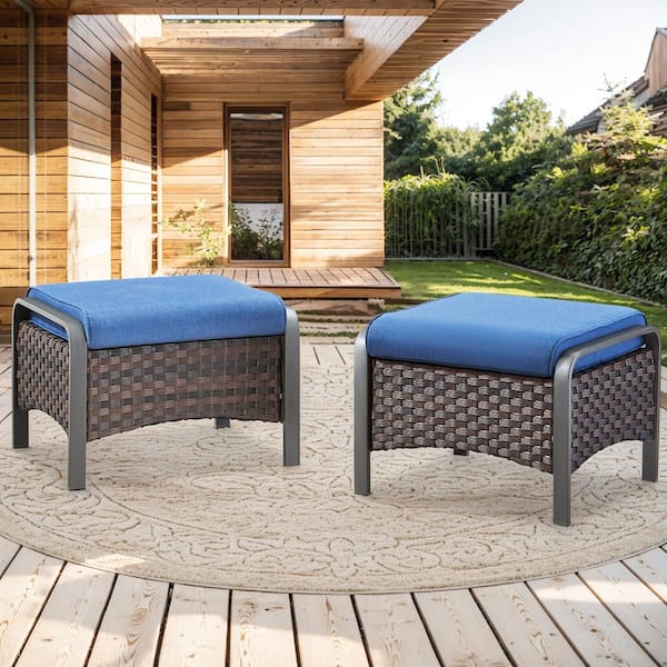 Gymojoy TwilightZone 2-Piece Wicker Outdoor Brown Ottoman Steel Frame Patio Footstools with Blue Cushion