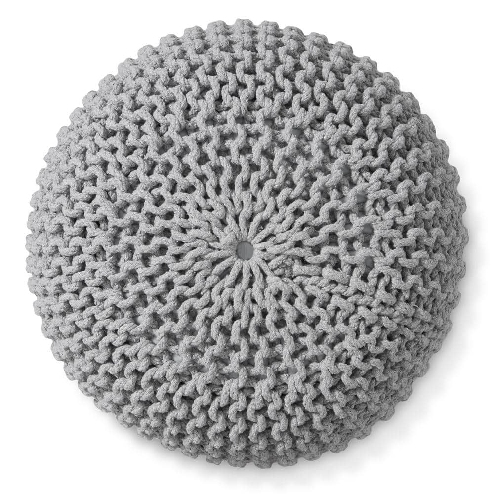 Light Gray Hand-Knitted Cotton Round Pouf Ottoman