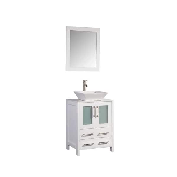 Vanity Art Ravenna 24 in. W Bathroom Vanity in White with Single Basin in White Engineered Marble Top and Mirror