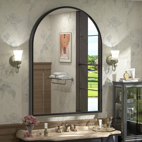 44 in. W x 32 in. H Arched Aluminum Alloy Framed French Cleat Mounted Wall Decor Bathroom Vanity Mirror in Matte Black