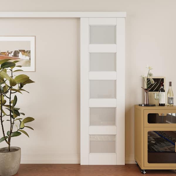 24 in. x 80 in. Hidden Track Style 5 Lite Frosted Glass Primed MDF Sliding Barn Door with Hardware Kit