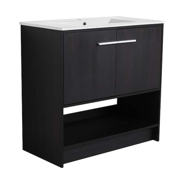 36 in. Single-Sink Freestanding Black Oak Bath Vanity with White Ceramic Top Unassembled and 2 Soft Closing Doors