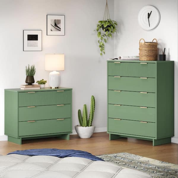 Manhattan Comfort Granville Sage Green 5-Drawer 37.8 in. W Tall Chest and 3-Drawer 37.8 in. W Standard Dresser (Set of 2)