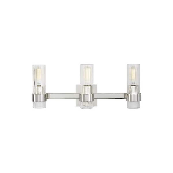 Generation Lighting Geneva 22.5 in. W x 8.875 in. H 3-Light Polished Nickel Mid-Century Modern Vanity Light with Clear Fluted Glass Shades