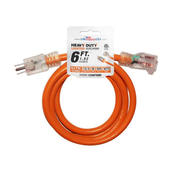 LifeSupplyUSA 6 ft. 12/3 SJTW 15 Amp 125-Volt 1875-Watt Orange Indoor/Outdoor Heavy-Duty with Lighted End Extension Cord