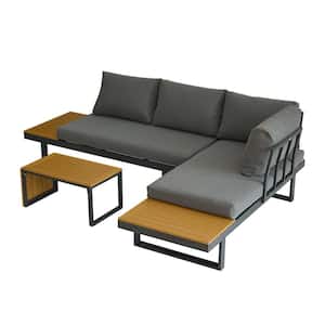 Aluminum Patio Furniture Set, Outdoor L-Shaped Sectional Sofa with Plastic Wood Side Table and Soft Cushion, Gray