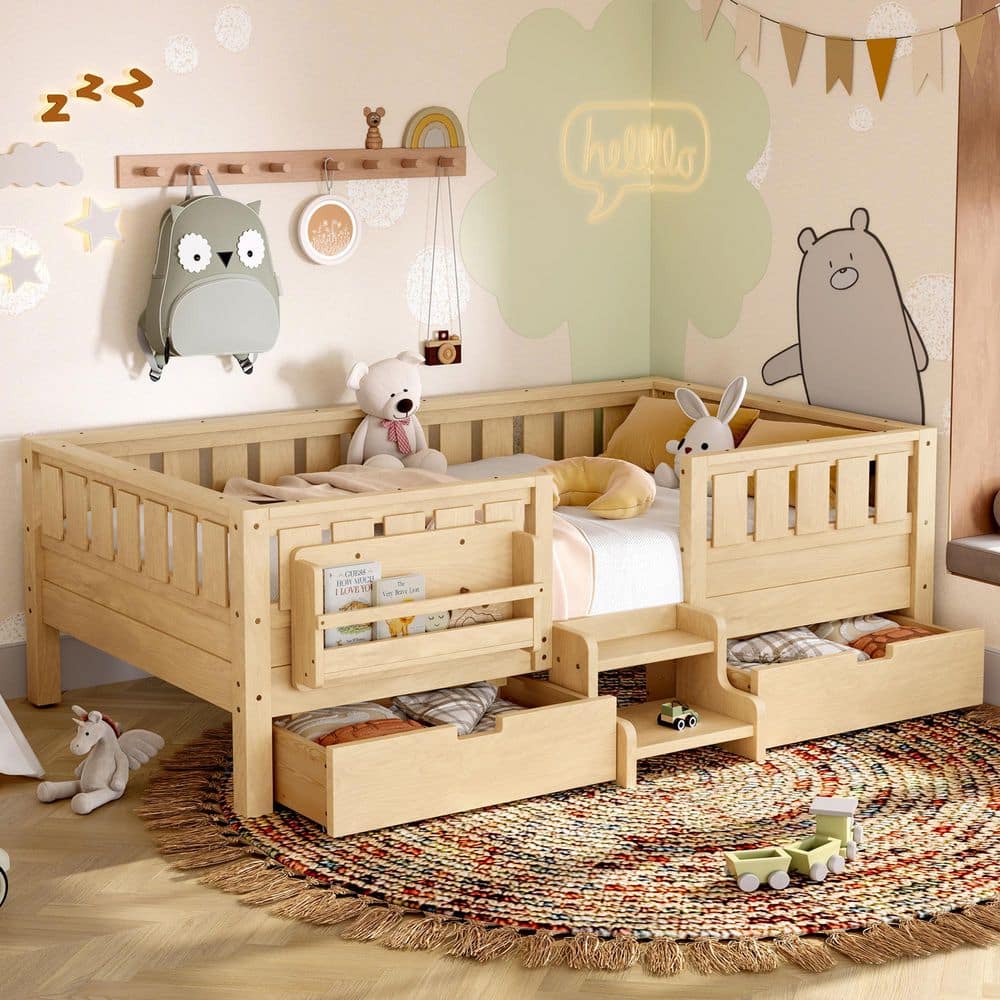 Light Natural Twin Wood Kids Platform Bed with Staircase, Bookshelf, Safety Rails and 2 Large Drawers