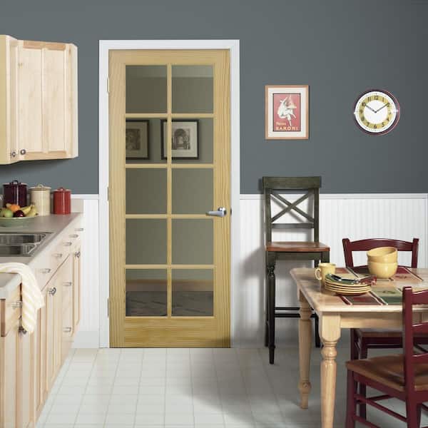 30 in. x 80 in. Right Handed Unfinished Pine Wood Clear Glass 10 Lite True Divided Single Prehung Interior Door