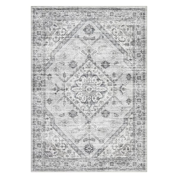 Vintage Light Gray 9 ft. x 12 ft. Distressed Floral Carpet Non-slip Thin Carpet Living Room Farmhouse Printed Area Rug
