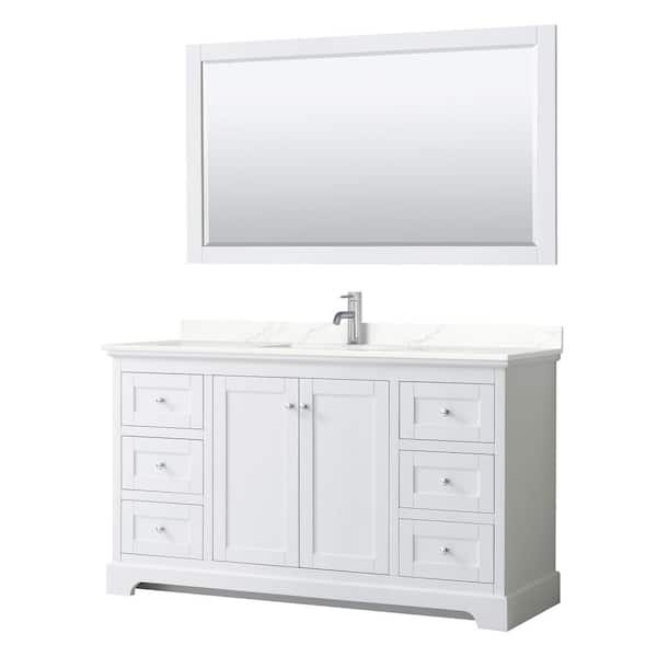 Wyndham Collection Avery 60 in. W x 22 in. D x 35 in. H Single Bath Vanity in White with Giotto Quartz Top and 58 in. Mirror