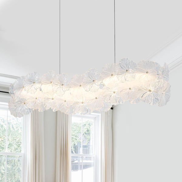 44 in. Modern Linear Matte White LED Pendant Light Dimmable Chandelier with Floral Petal Clear/Frosted Glass Shades