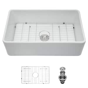White Ceramic 30 in. Single Bowl Farmhouse Apron Kitchen Sink with Bottom Grid