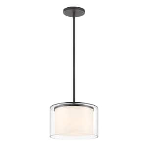 Parsons Studio 1-Light Sand Black Drum Pendant with Clear and Etched White Glass Shade