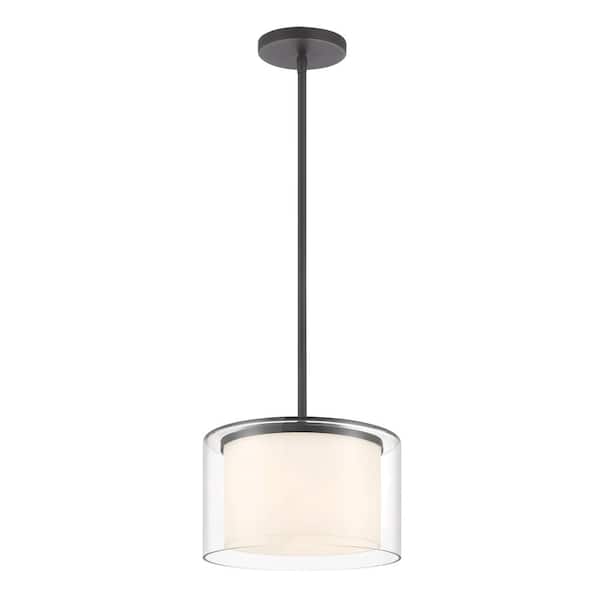 Minka Lavery Parsons Studio 1-Light Sand Black Drum Pendant with Clear and Etched White Glass Shade