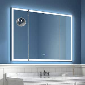 48 in. W x 36 in. H Rectangular Framed Tri-fold Wall LED Bathroom Vanity Mirror with Front Light and Backlict in Nickel