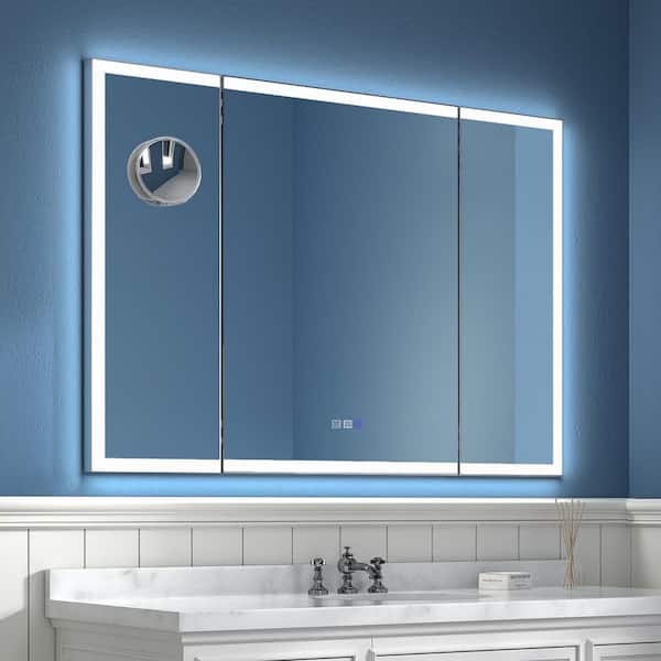 48 in. W x 36 in. H Rectangular Framed Tri-fold Wall LED Bathroom Vanity Mirror with Front Light and Backlict in Nickel