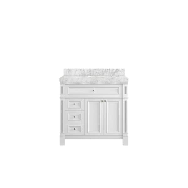 Willow Collections Paris 36 in. W x 22 in. D x 36 in. H Right Offset Sink Bath Vanity in White with 2 in. Carrara Marble Top