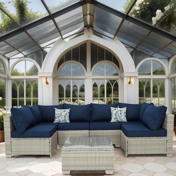 Tenleaf 7-Piece Gray Wicker Patio Conversation Set with Dark Blue Cushions, pillows