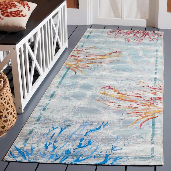 Barbados Teal/White 3 ft. x 10 ft. Runner Border Nautical Indoor/Outdoor Area Rug