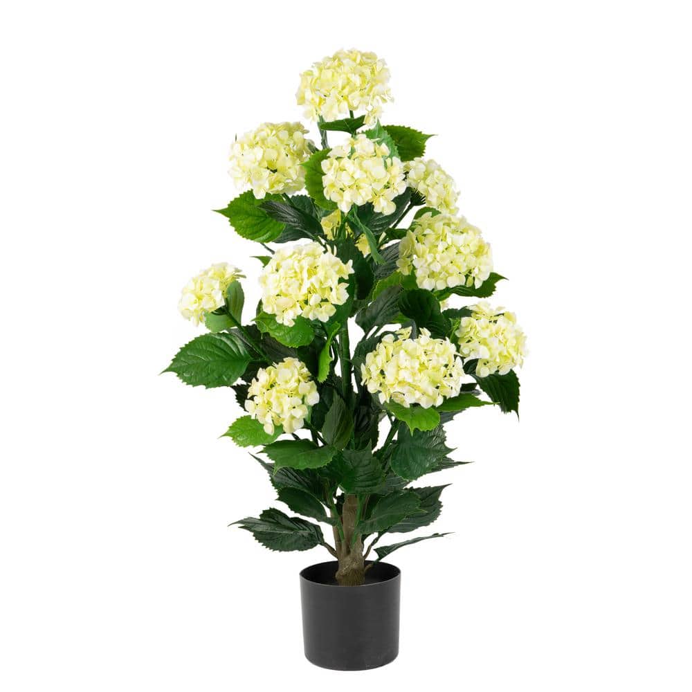 NATURAE DECOR Artificial 37 in. white hydrangea in black pot OUT